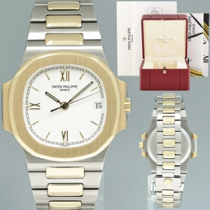 1997 MINT PAPERS Patek Philippe 37mm 3800 Nautilus White Yellow Gold Two Tone Watch