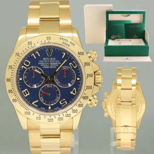 2007 MINT Rolex Daytona 116528 Blue Arabic Racing 40mm Chrono Yellow Gold Watch Box