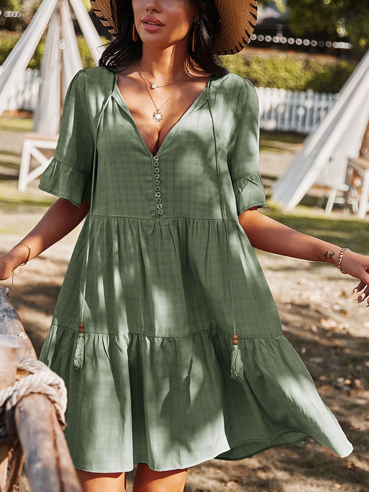 Bohemia Pure Color Knotted Button V-neck Half Sleeve Tassel Women Midi Dress