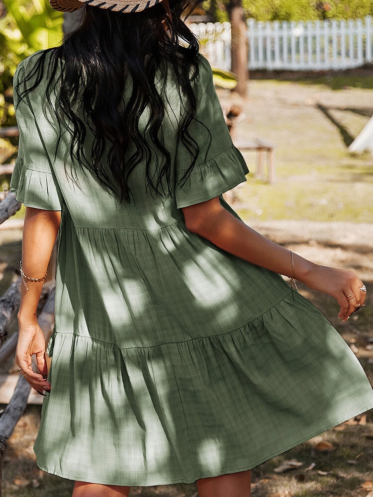 Bohemia Pure Color Knotted Button V-neck Half Sleeve Tassel Women Midi Dress