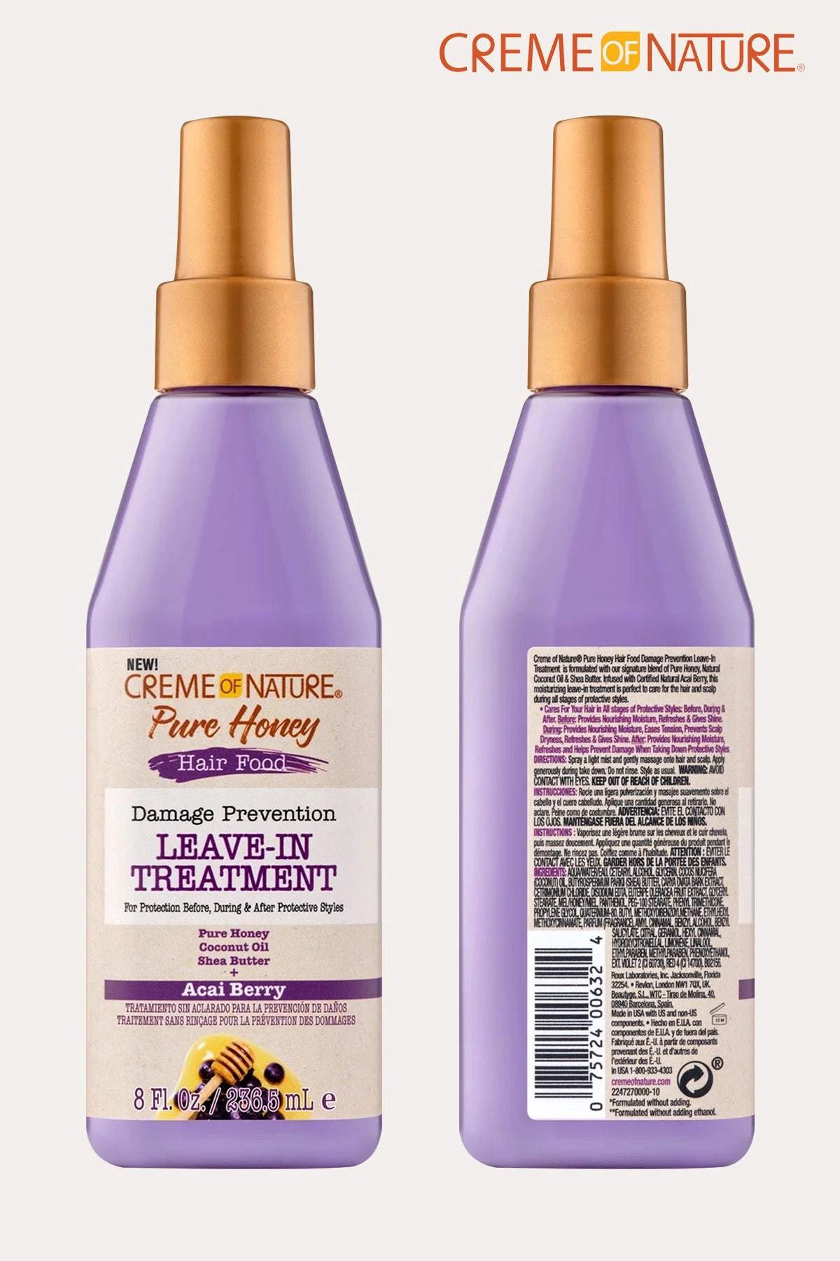 CREME OF NATURE PURE HONEY HAIR FOOD DAMAGE PREVENTION LEAVE-IN TREATMENT ACAI BERRY 8oz