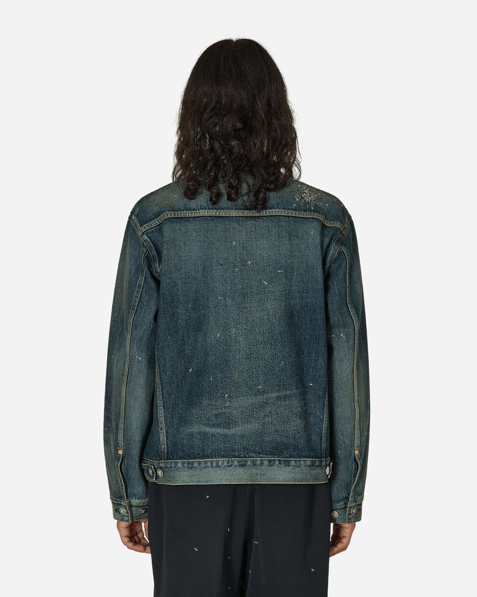 Cross Embroidery Distressed Denim Jacket Light Blue Indigo