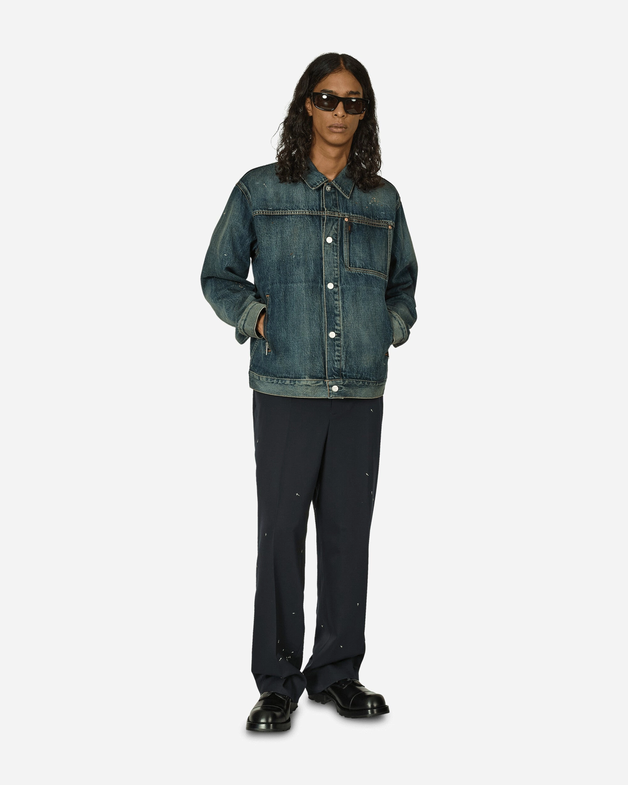 Cross Embroidery Distressed Denim Jacket Light Blue Indigo
