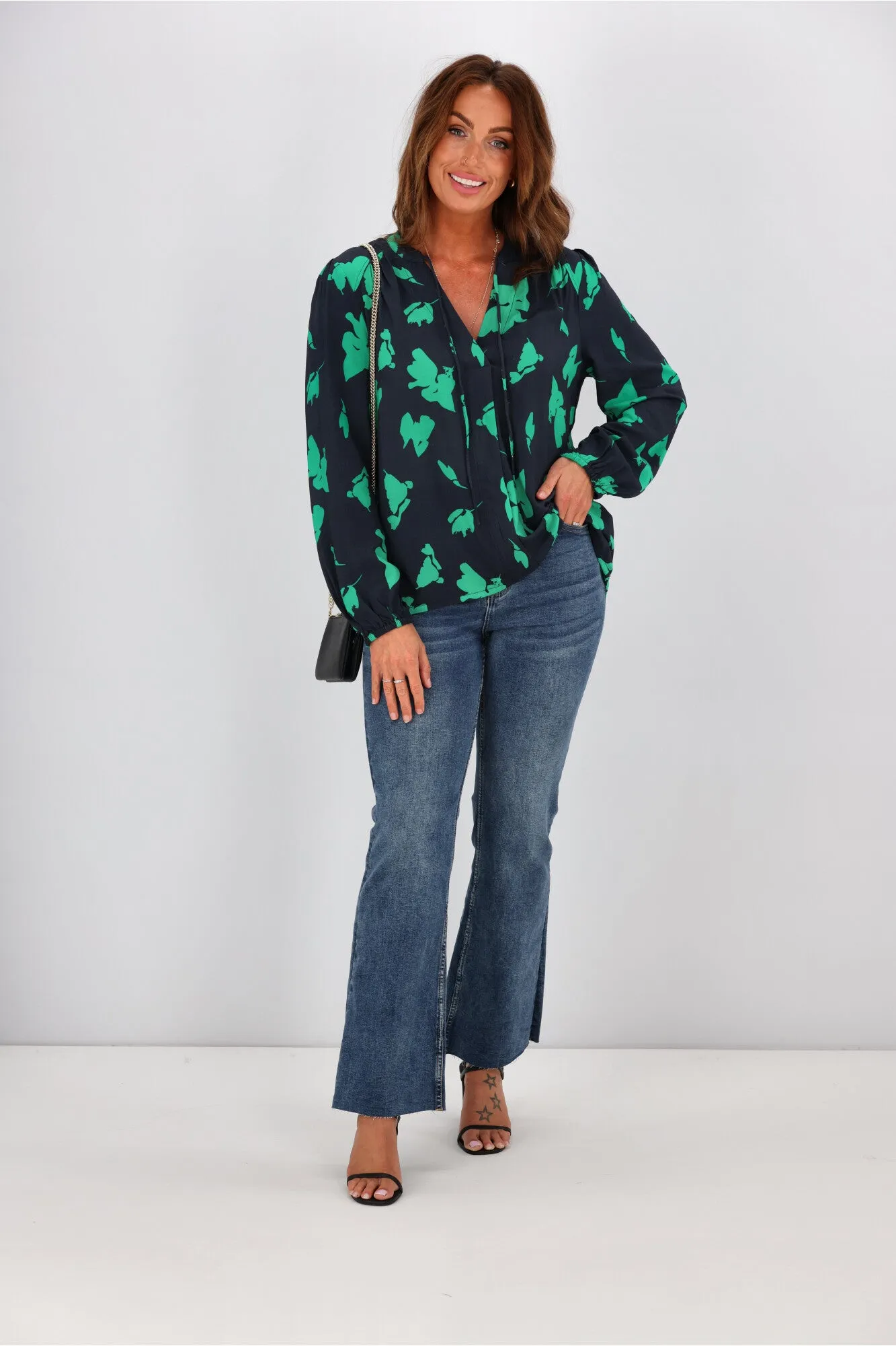 Gloss By Shine On Madelyn Yoke Detail Blouse Navy Green Abstract Floral