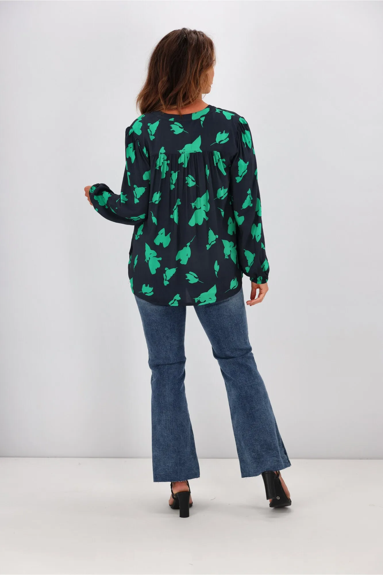 Gloss By Shine On Madelyn Yoke Detail Blouse Navy Green Abstract Floral
