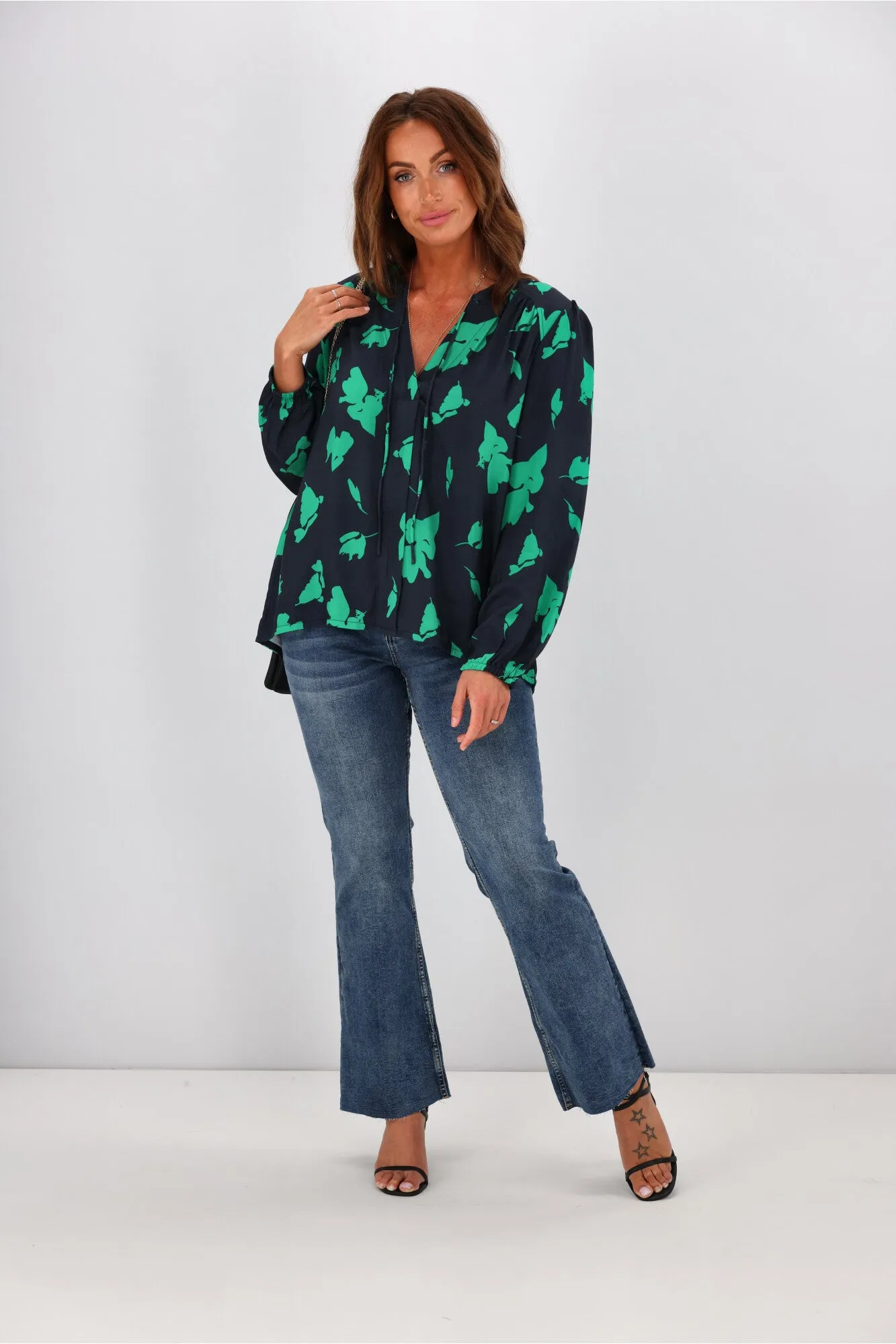 Gloss By Shine On Madelyn Yoke Detail Blouse Navy Green Abstract Floral