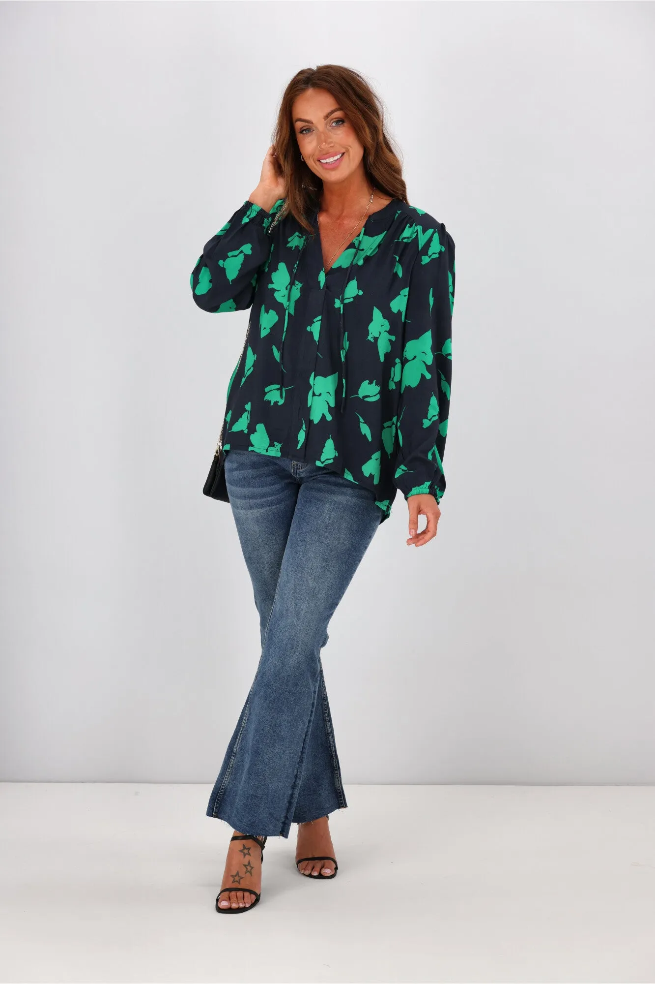 Gloss By Shine On Madelyn Yoke Detail Blouse Navy Green Abstract Floral