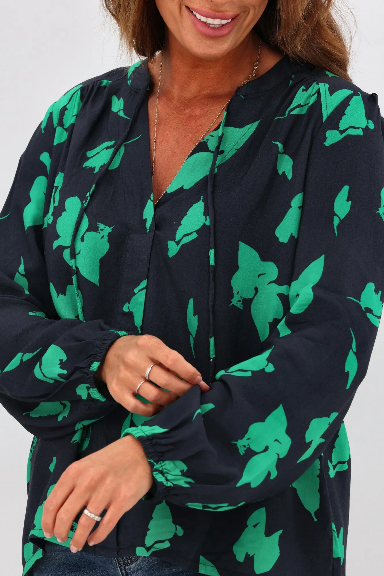 Gloss By Shine On Madelyn Yoke Detail Blouse Navy Green Abstract Floral