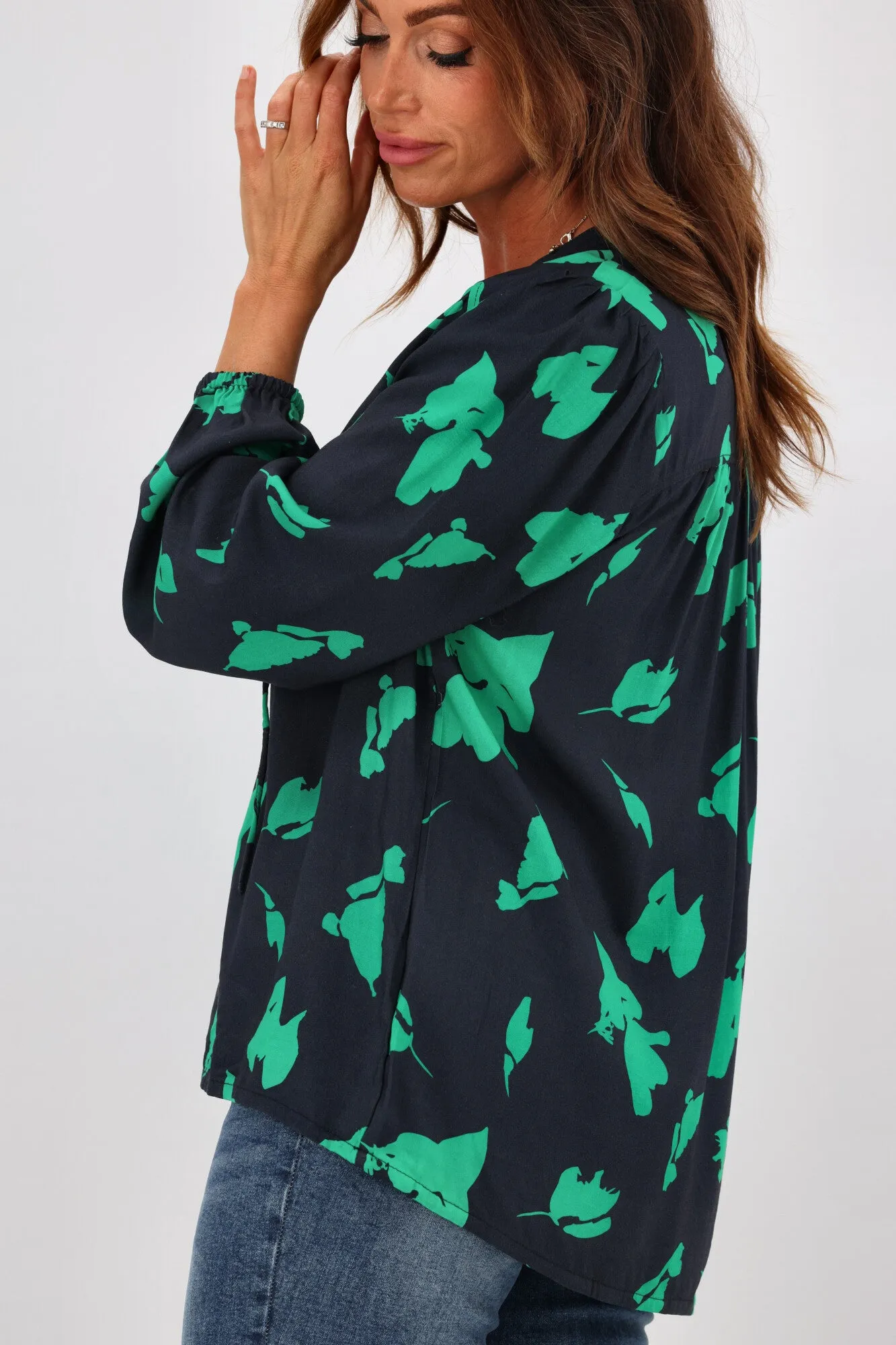 Gloss By Shine On Madelyn Yoke Detail Blouse Navy Green Abstract Floral