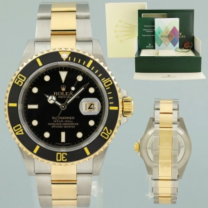 MINT PAPERS 2006 GOLD BUCKLE Rolex Submariner 16613 Gold Two Tone Black Watch