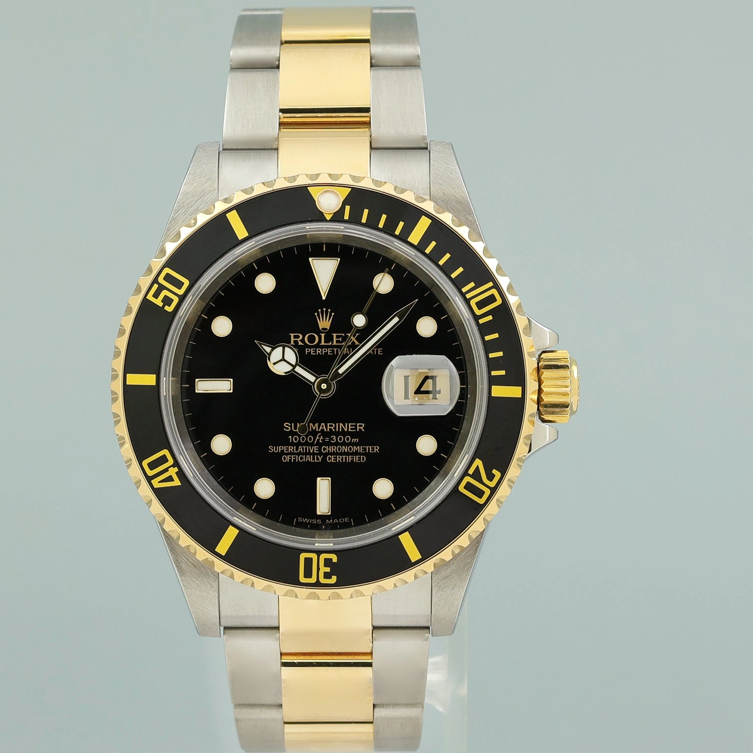 MINT PAPERS 2006 GOLD BUCKLE Rolex Submariner 16613 Gold Two Tone Black Watch