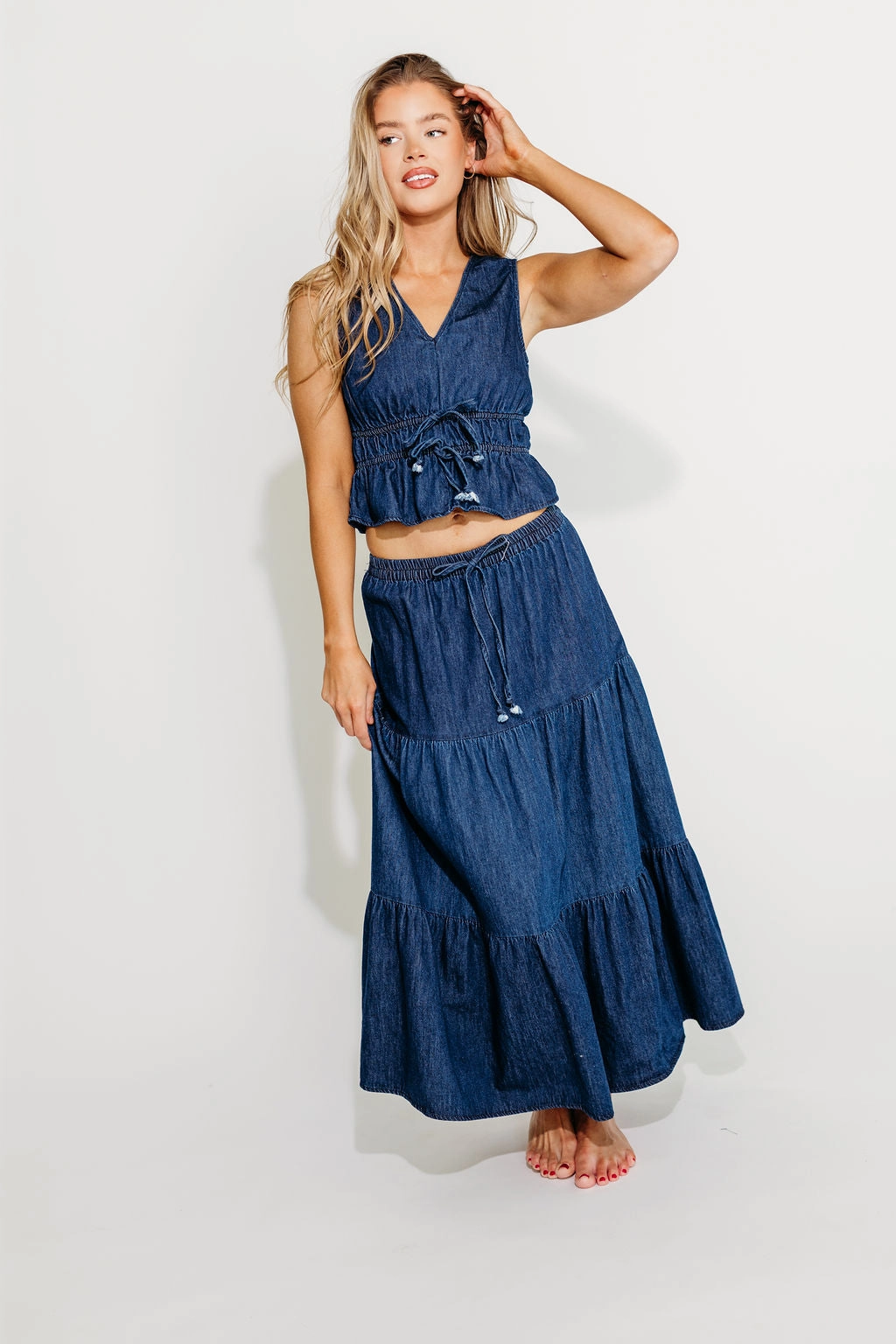 Noah 100% Cotton Peplum Top and Midi Skirt Set in Denim
