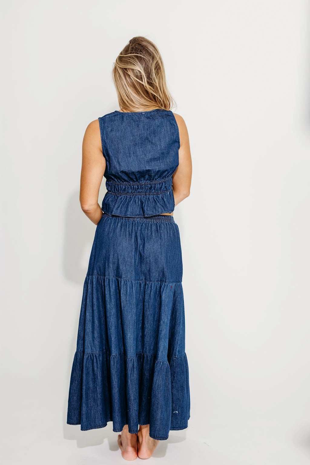 Noah 100% Cotton Peplum Top and Midi Skirt Set in Denim