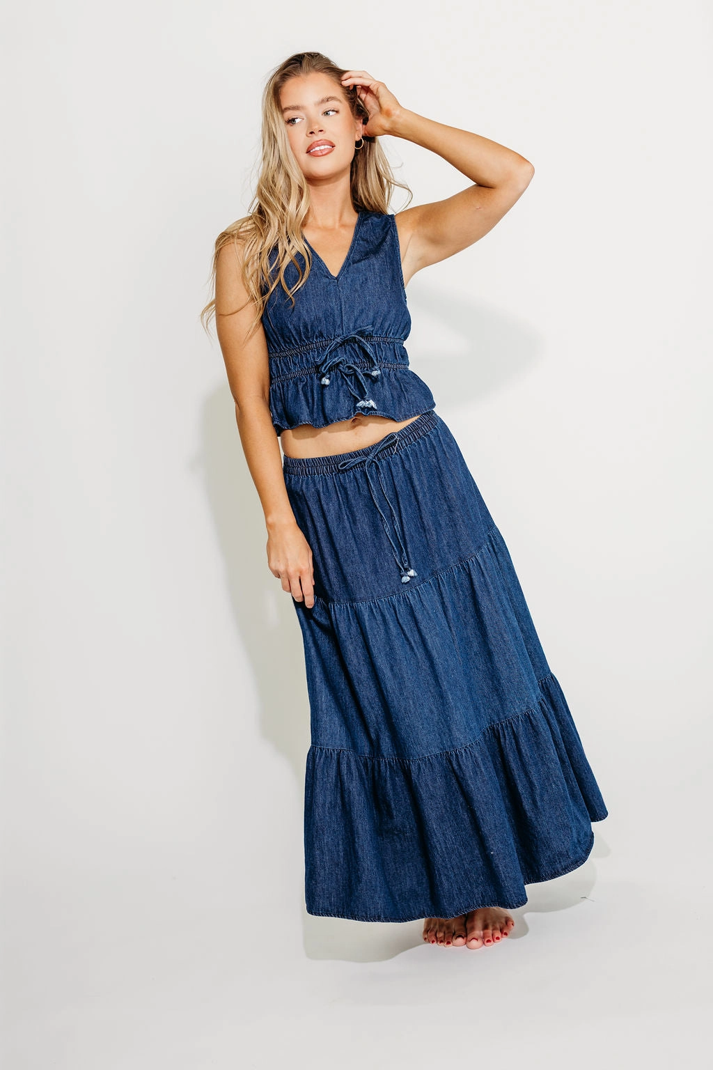 Noah 100% Cotton Peplum Top and Midi Skirt Set in Denim