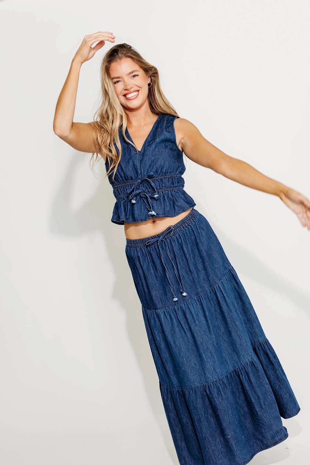 Noah 100% Cotton Peplum Top and Midi Skirt Set in Denim