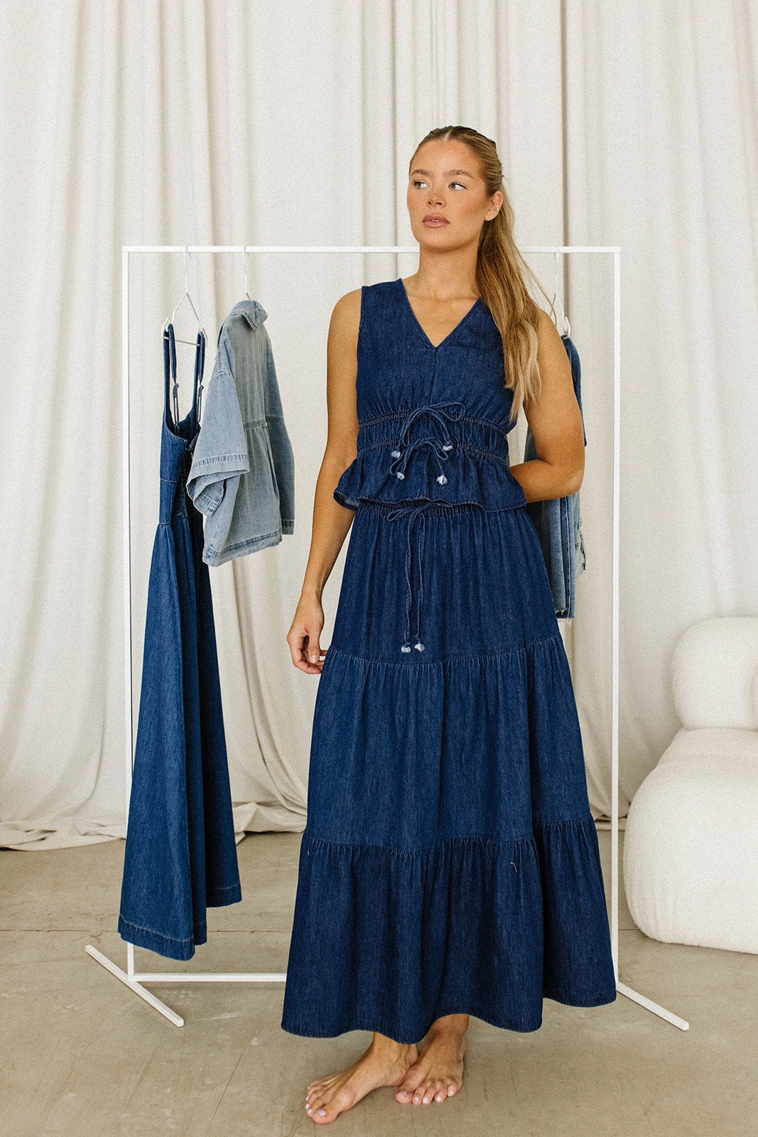 Noah 100% Cotton Peplum Top and Midi Skirt Set in Denim