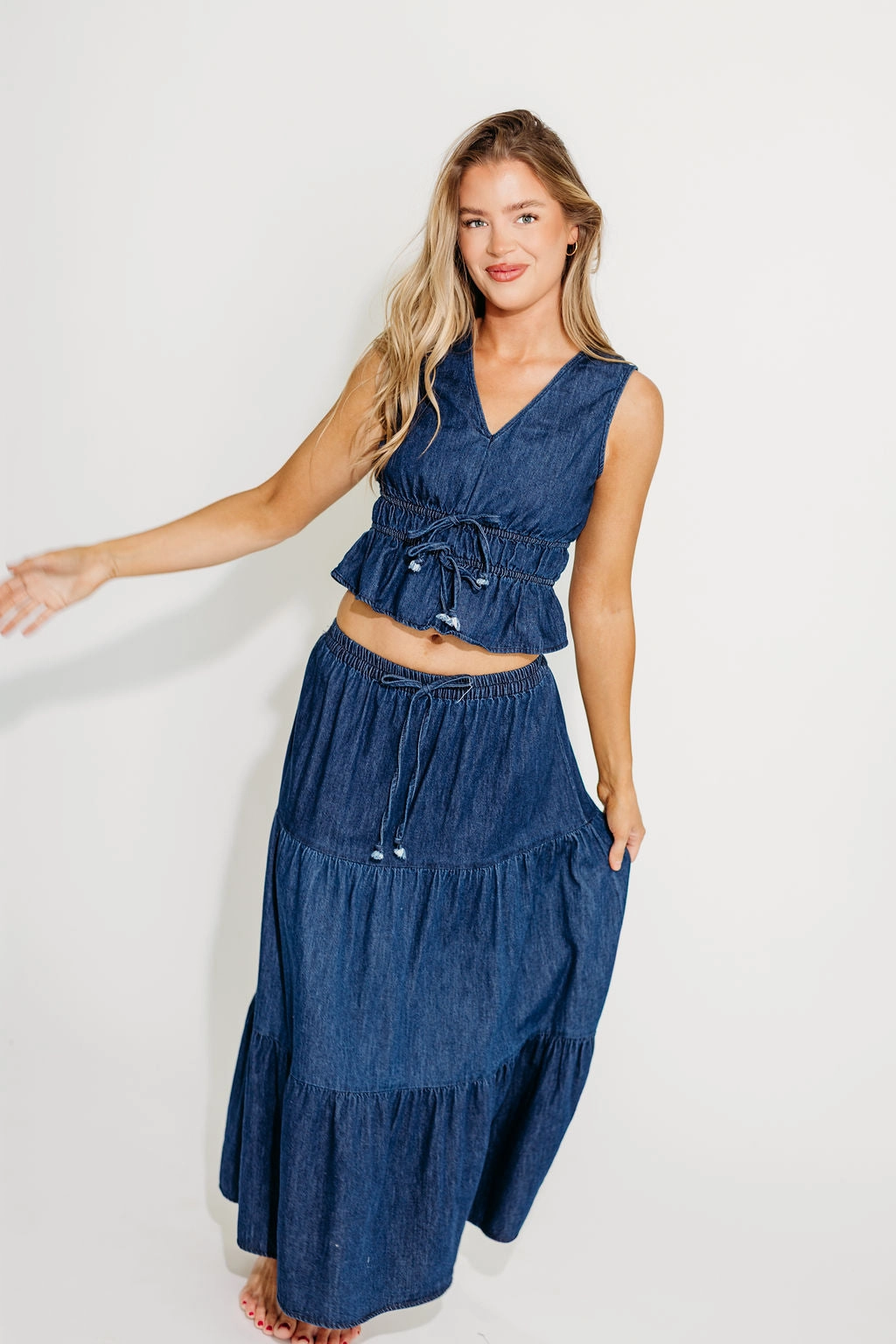 Noah 100% Cotton Peplum Top and Midi Skirt Set in Denim