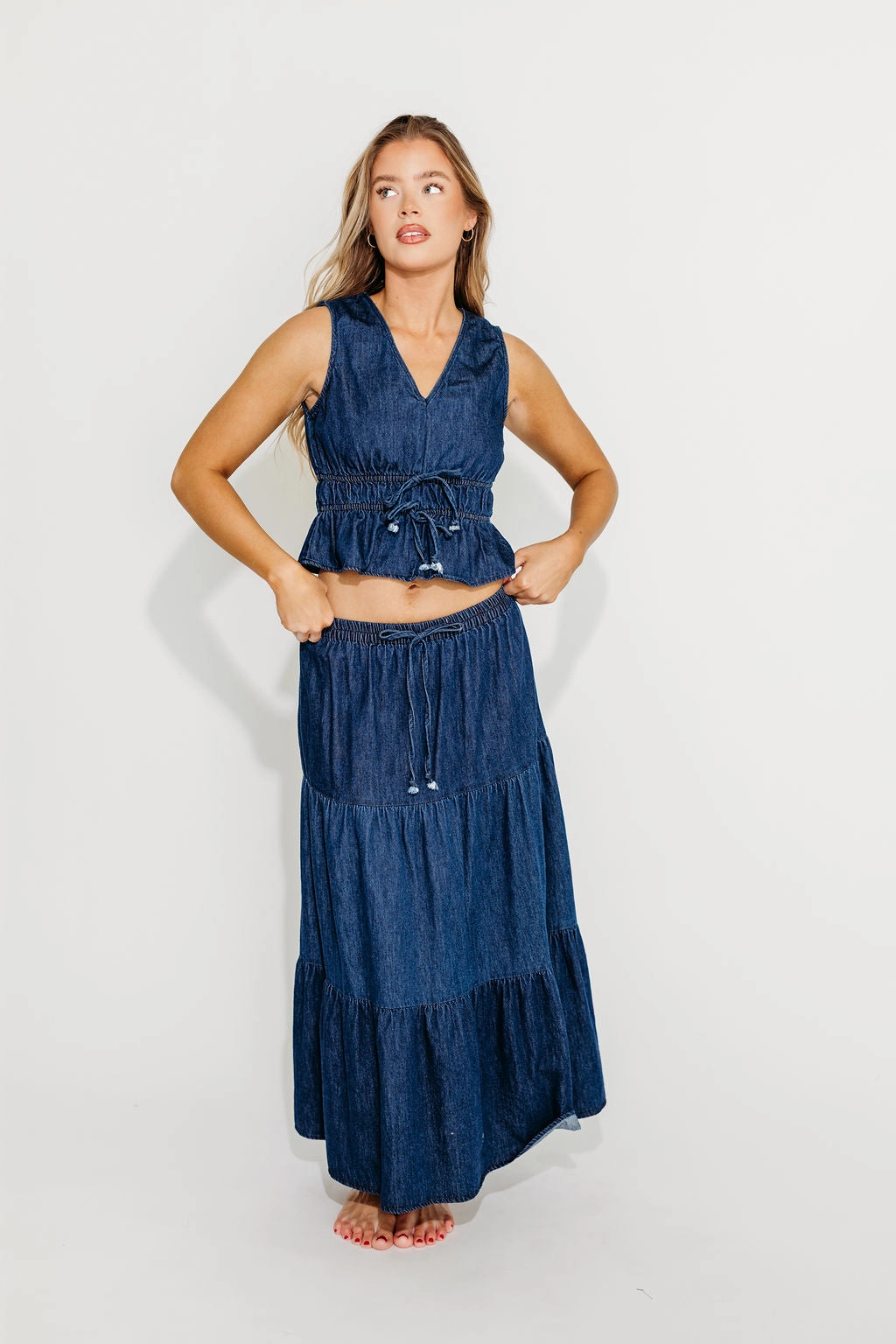 Noah 100% Cotton Peplum Top and Midi Skirt Set in Denim