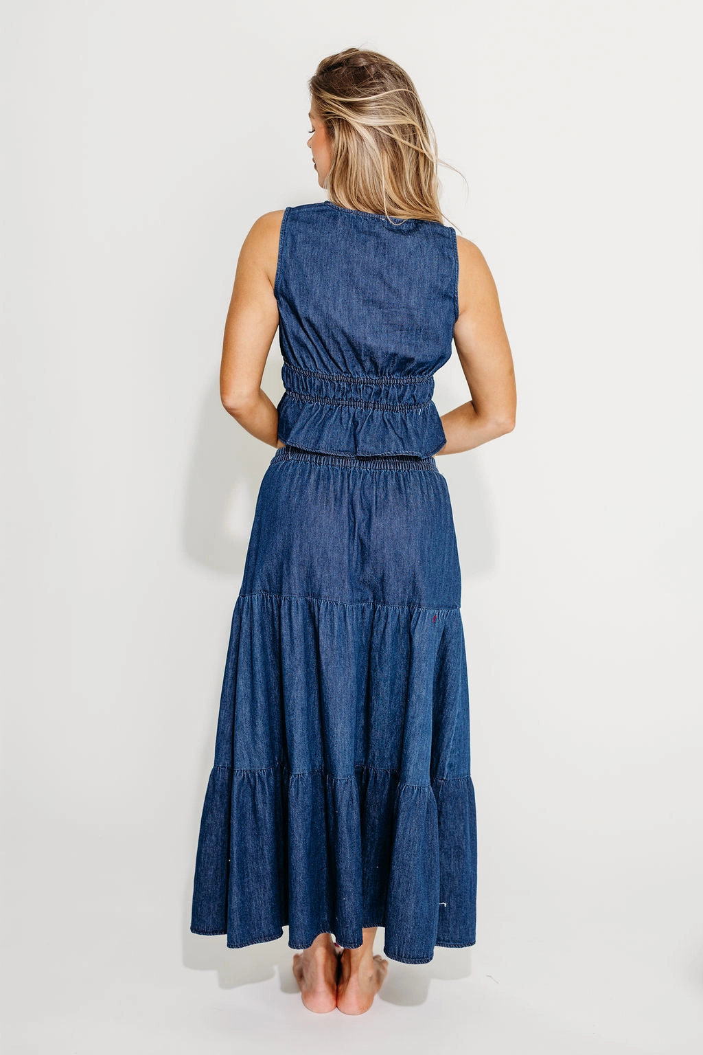 Noah 100% Cotton Peplum Top and Midi Skirt Set in Denim