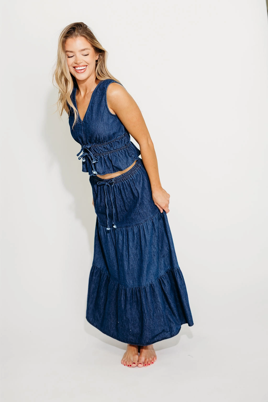 Noah 100% Cotton Peplum Top and Midi Skirt Set in Denim