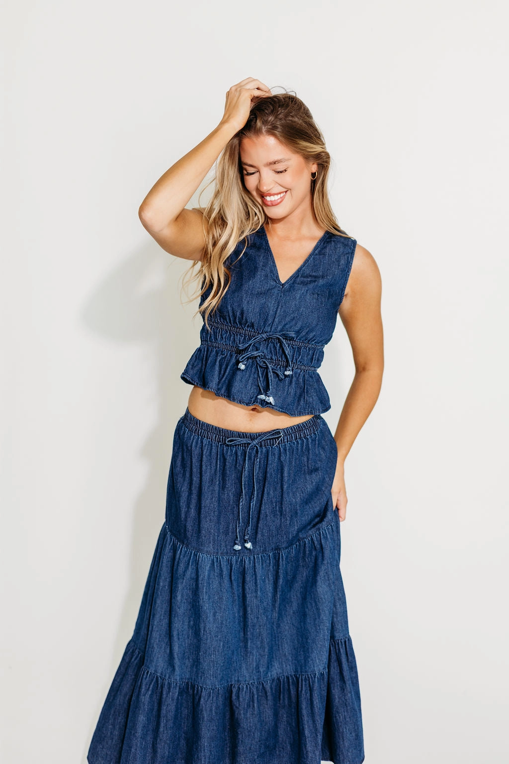 Noah 100% Cotton Peplum Top and Midi Skirt Set in Denim