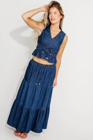 Noah 100% Cotton Peplum Top and Midi Skirt Set in Denim