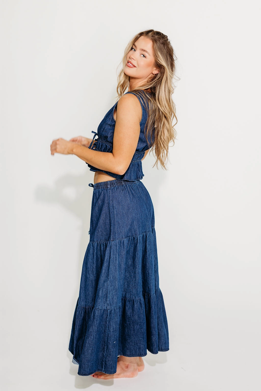 Noah 100% Cotton Peplum Top and Midi Skirt Set in Denim