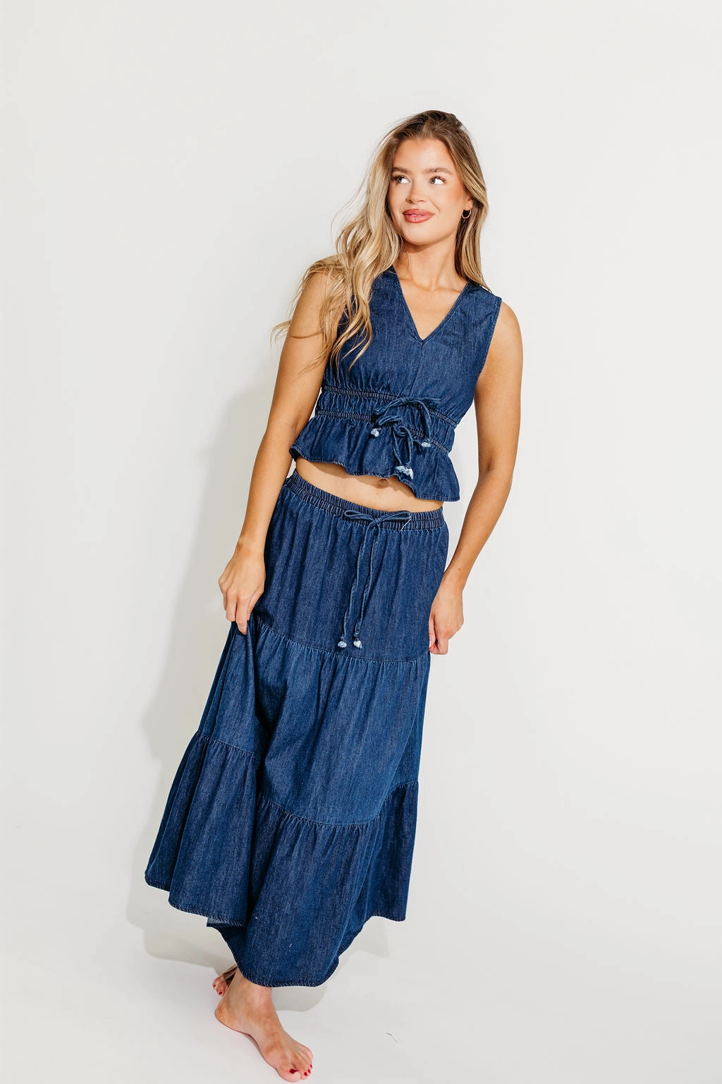 Noah 100% Cotton Peplum Top and Midi Skirt Set in Denim