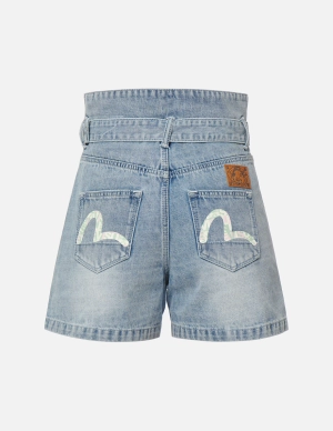 Seagull Print Paper Bag Denim Shorts