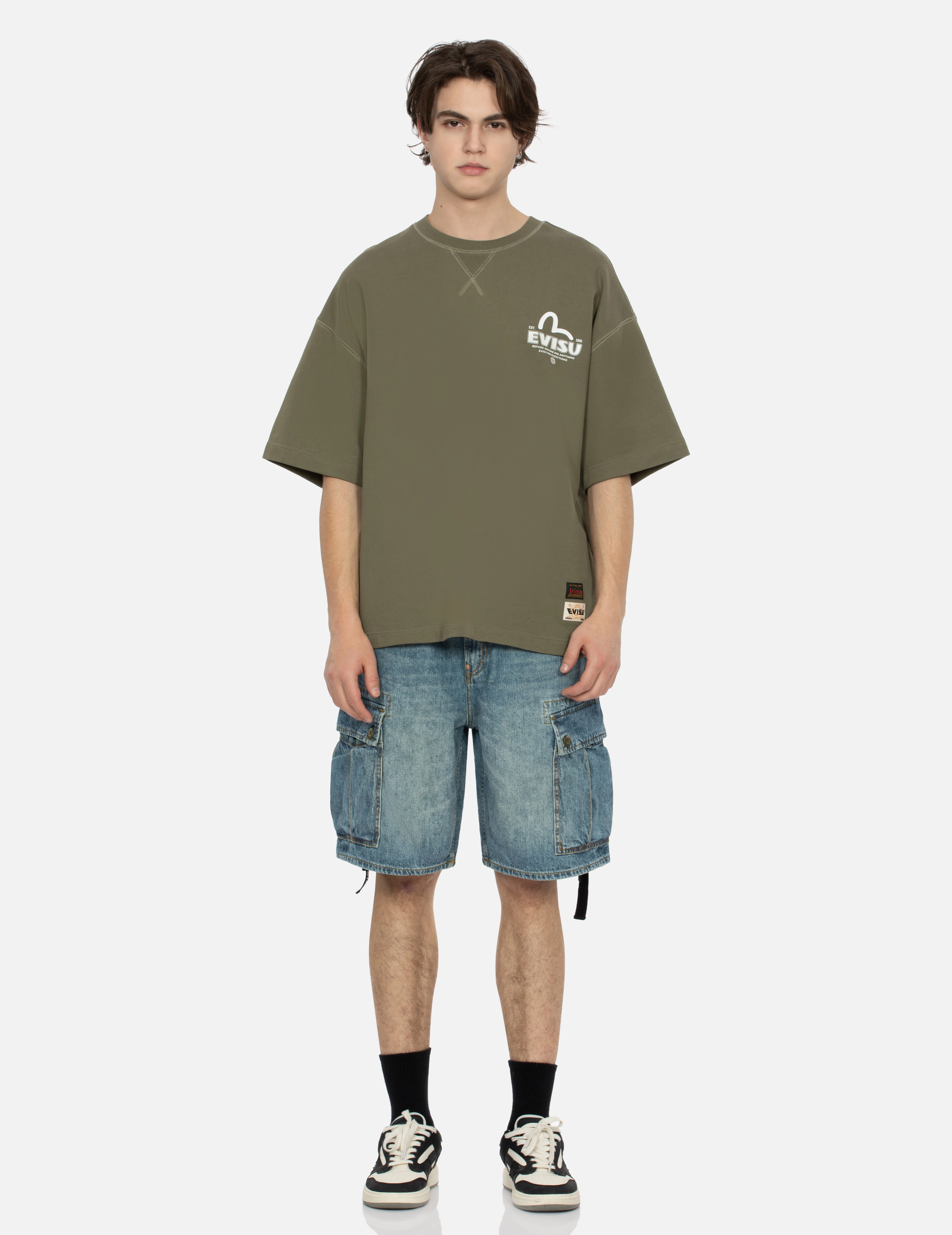 Seagull Print Relax Fit Denim Shorts