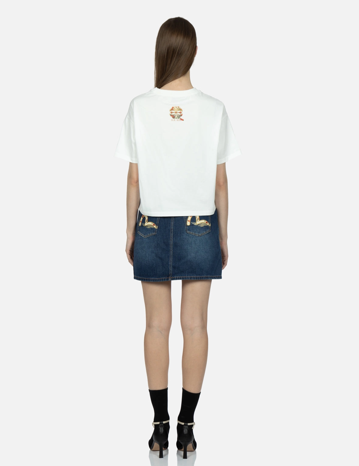 Tsubaki-pattern Seagull Embroidery Denim Skirt
