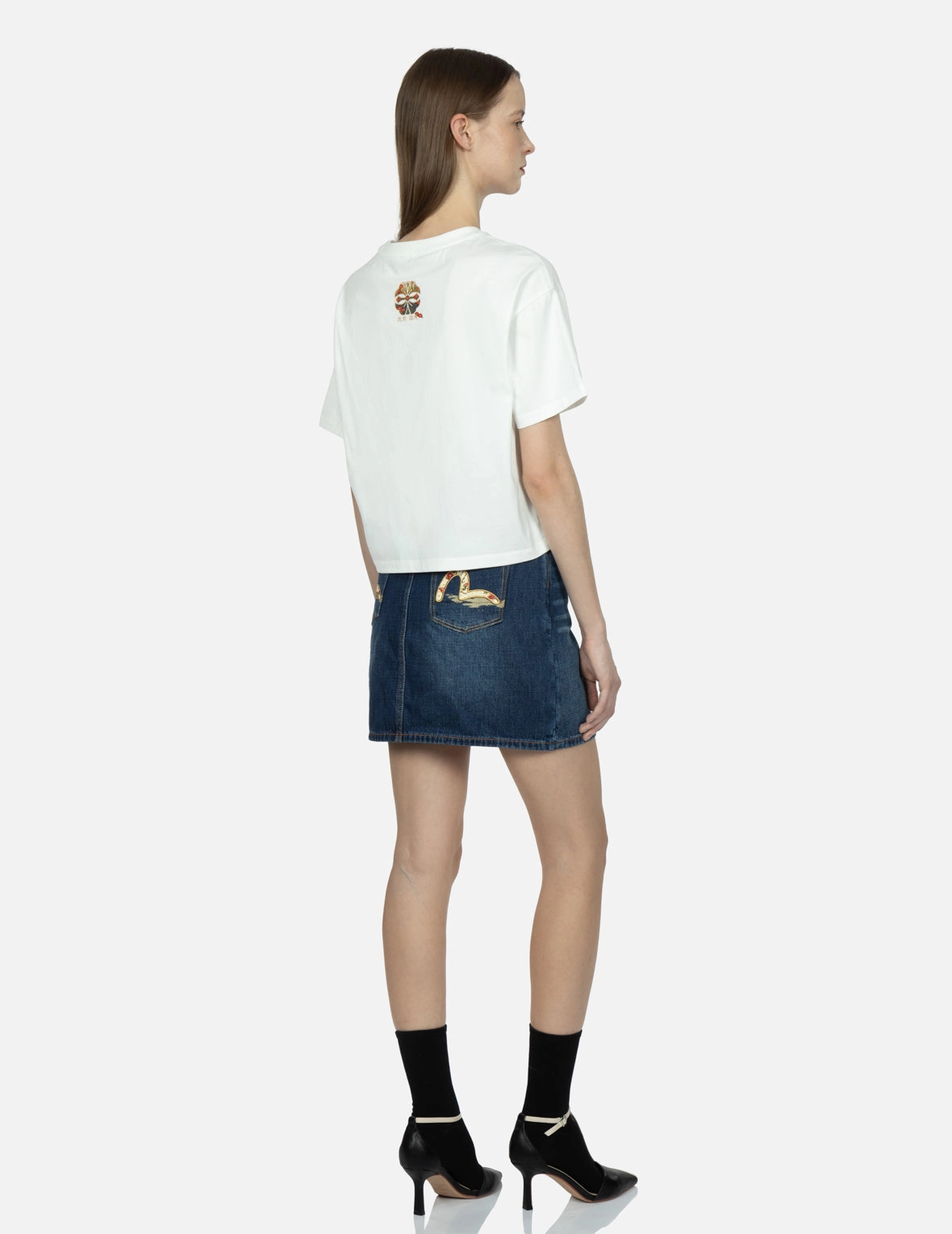 Tsubaki-pattern Seagull Embroidery Denim Skirt