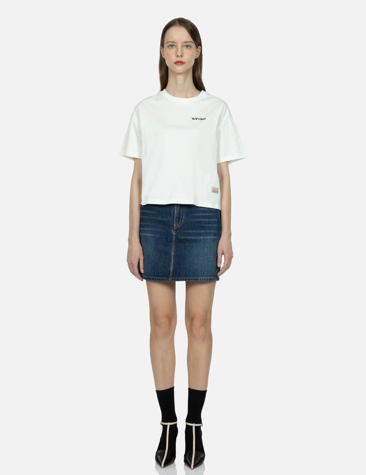Tsubaki-pattern Seagull Embroidery Denim Skirt