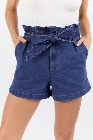 What's New Dark Wash Paperbag Waist Belted Denim Shorts