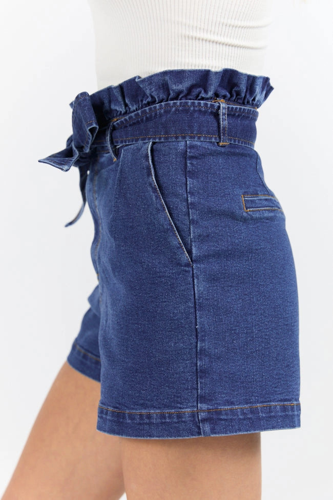 What's New Dark Wash Paperbag Waist Belted Denim Shorts
